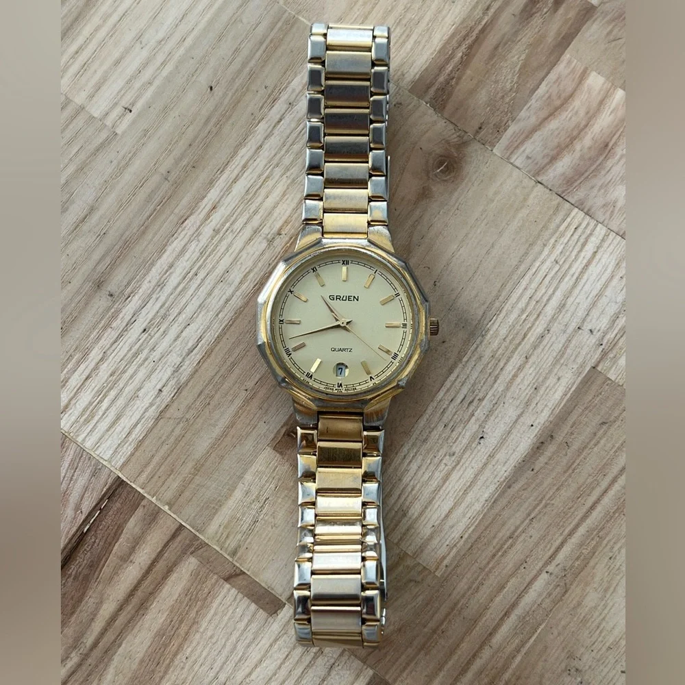 Gruen Vintage Men’s Watch Gold-Tone Dial Bracelet Hands Markers Date Window